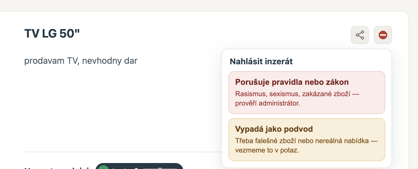 Nabídka důvodů pro nahlášení inzerátu: porušení pravidel nebo podezření na podvod