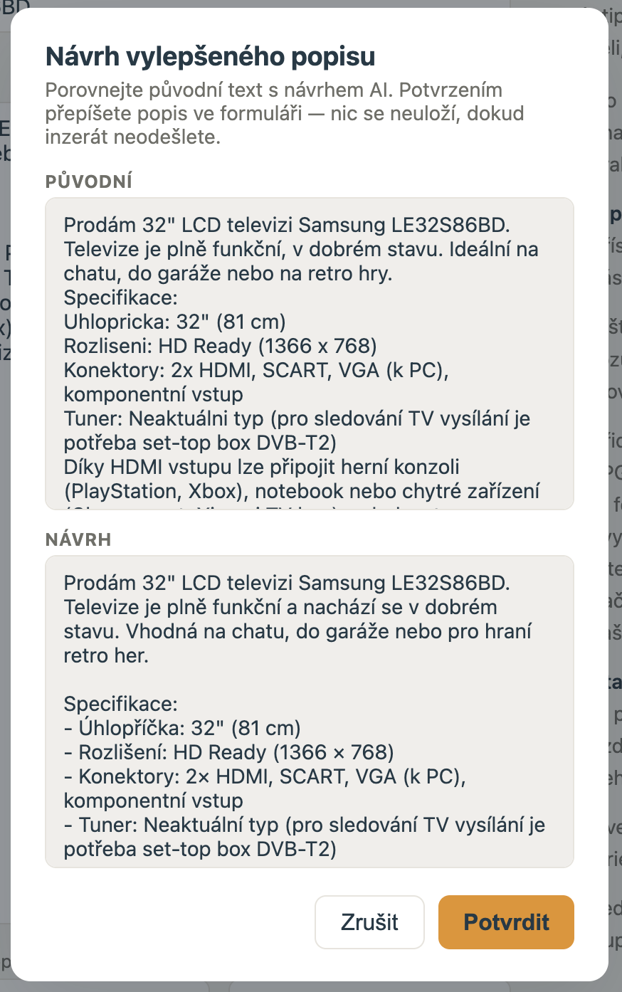 Návrh vylepšeného popisu inzerátu pomocí AI