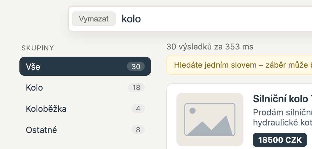 Živé skupiny výsledků hledání podle aktuální nabídky