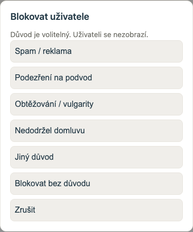 Volba důvodu při blokování uživatele v konverzaci