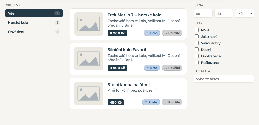 Živé skupiny výsledků hledání podle aktuální nabídky