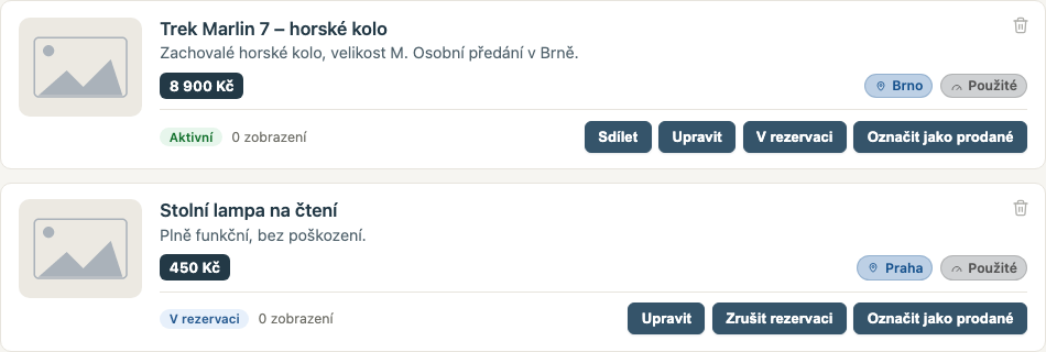 Tlačítka pro správu inzerátu: Upravit, V rezervaci, Označit jako prodané, Smazat