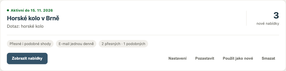 Panel Uložit hledání s názvem, přesností shody a frekvencí oznámení