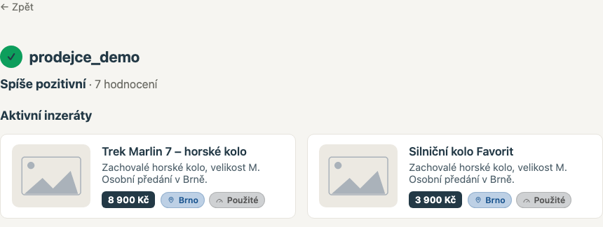 Veřejný profil prodejce s hodnocením a aktivními inzeráty