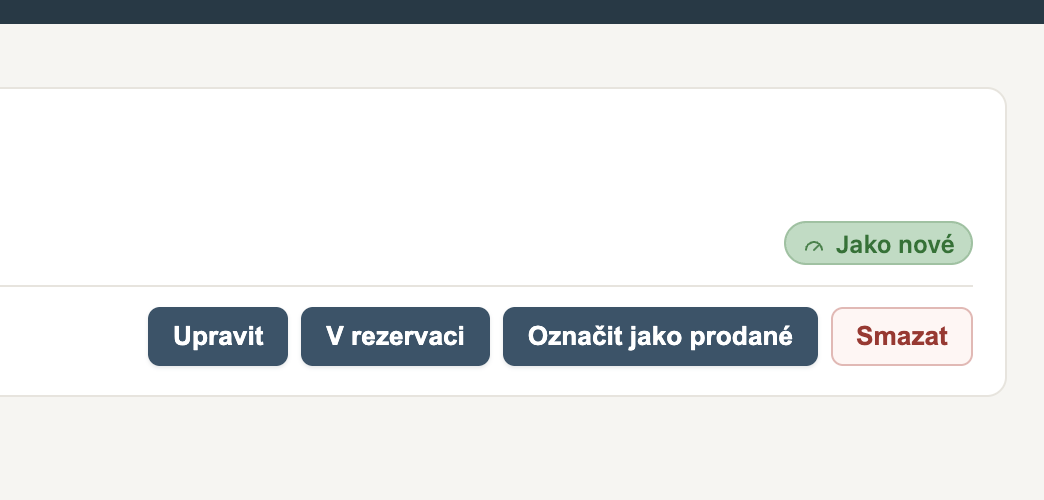 Tlačítka pro správu inzerátu: Upravit, V rezervaci, Označit jako prodané, Smazat