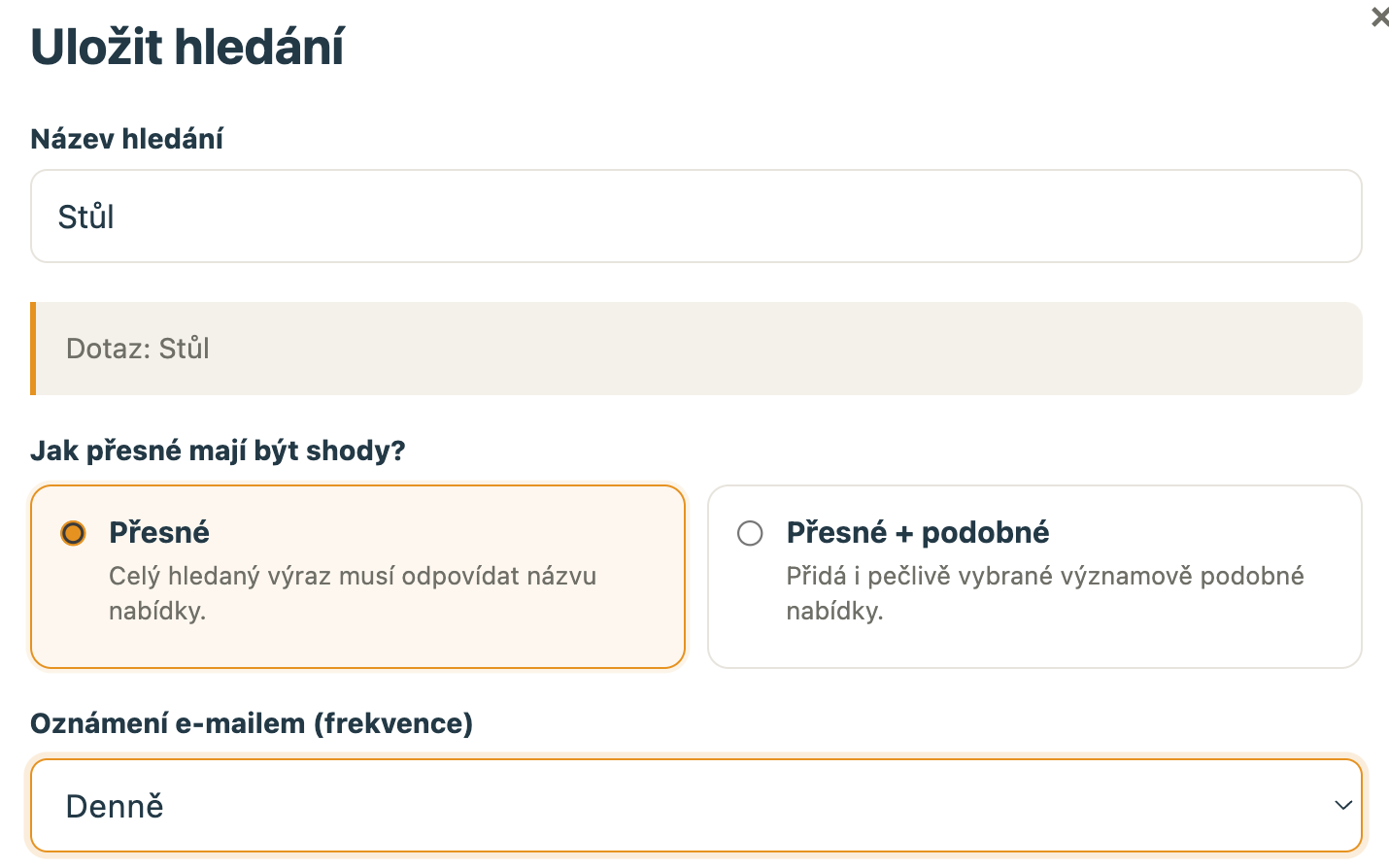 Panel Uložit hledání s názvem, přesností shody a frekvencí oznámení