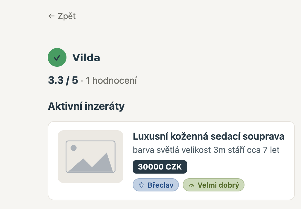 Veřejný profil prodejce s hodnocením a aktivními inzeráty